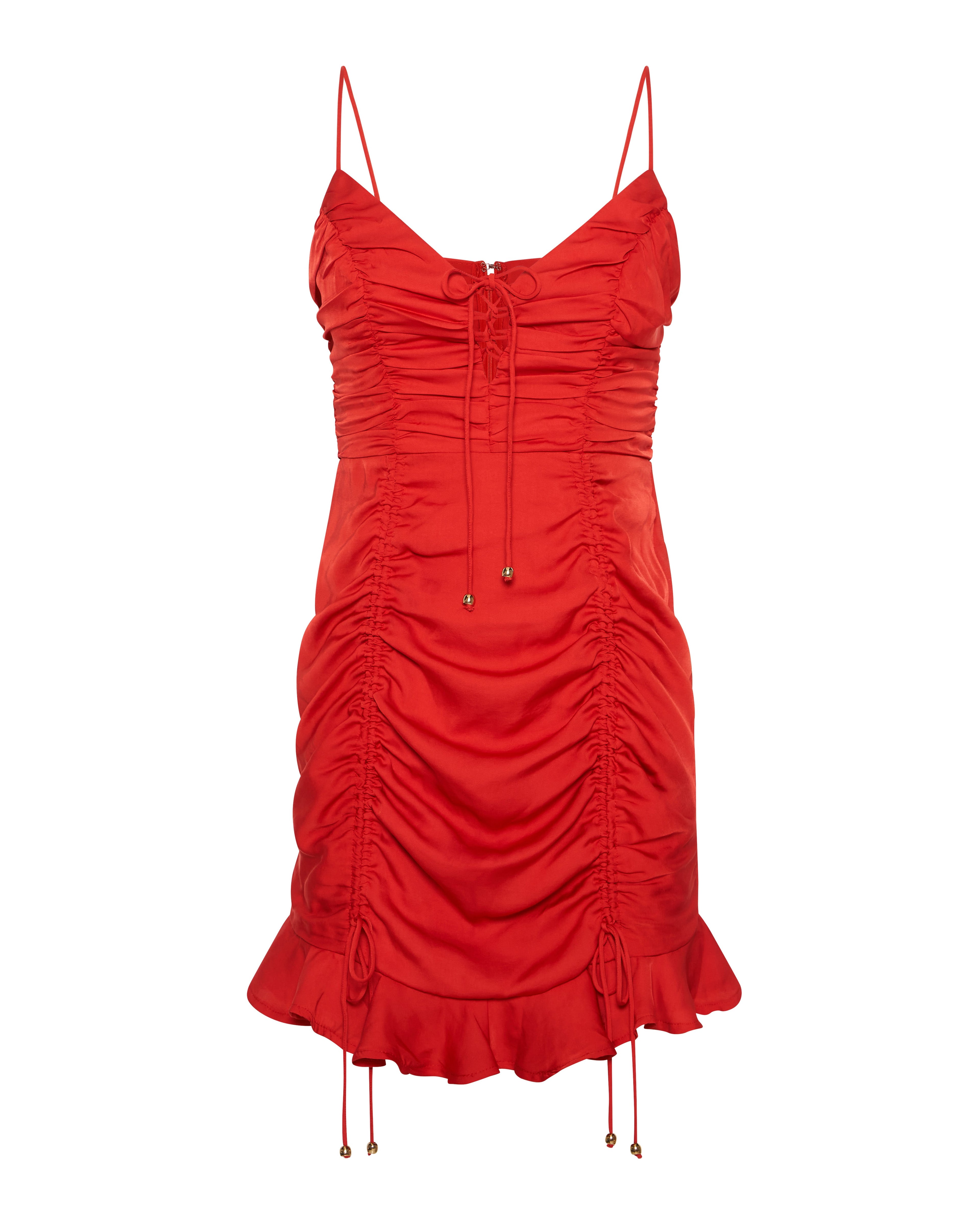 Red Ruched Spaghetti Strap Dress